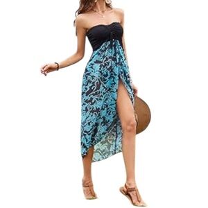 Gosunny‎ Elegant Strapless Black and Blue Print Boho Sun Dress